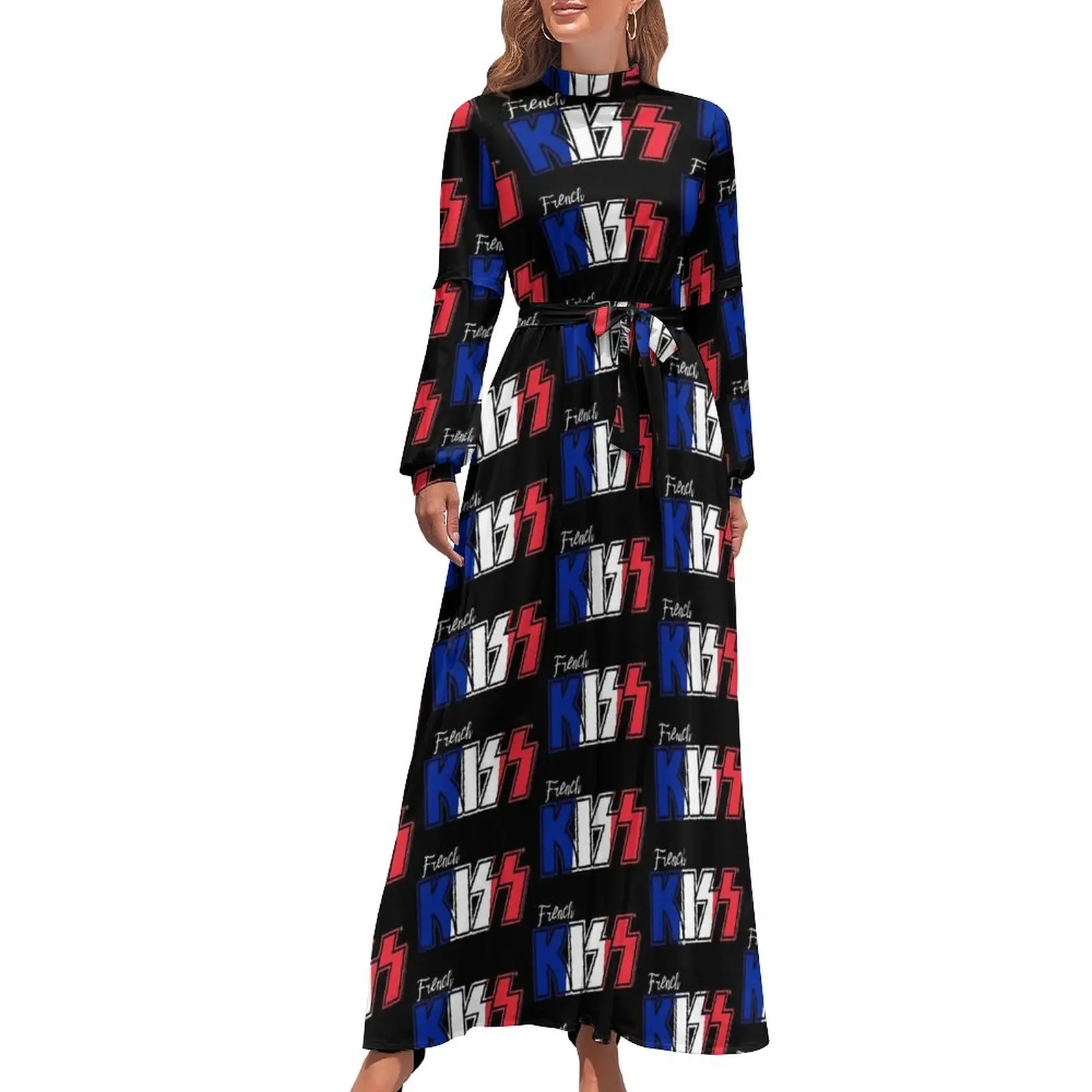

Kiss Band Print Dress The Band Logo Trendy Custom Maxi Dress High Neck Long Sleeve Aesthetic Boho Beach Long Dresses