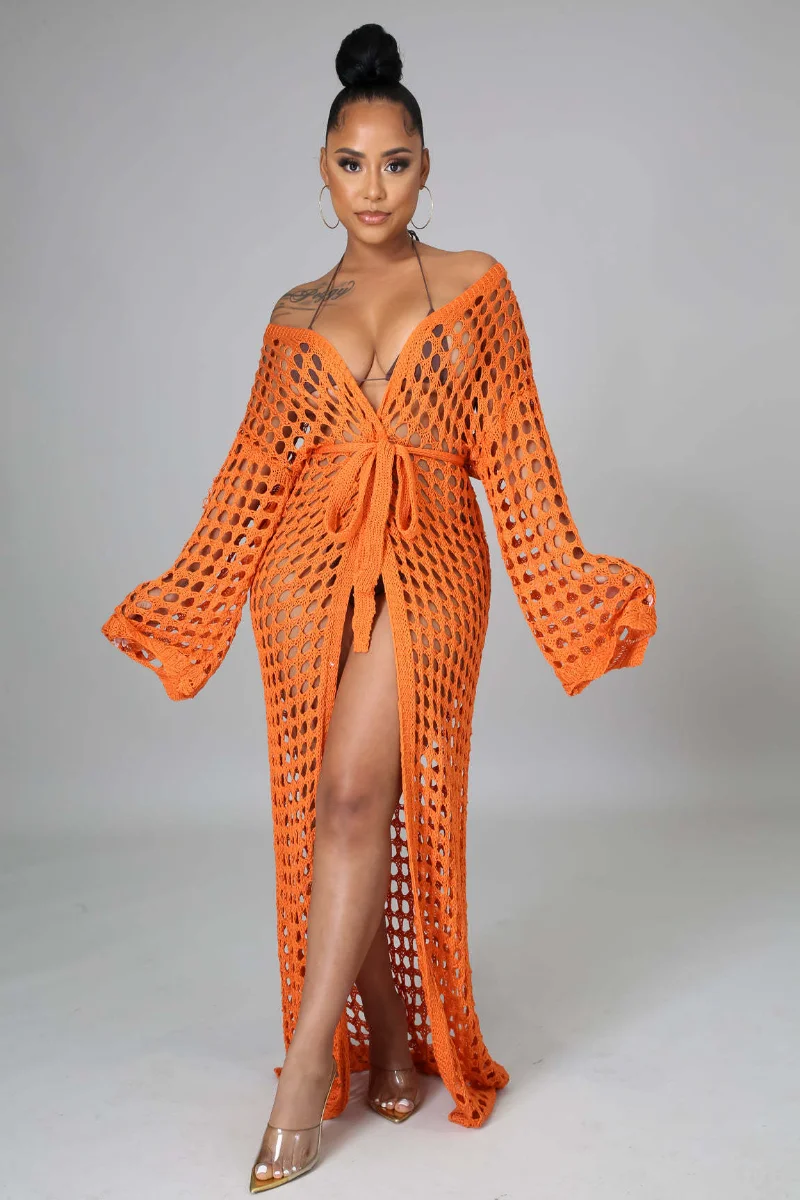 

WUHE Fashion 2023 Summer Women Beach Holiday Knit Ribbed crochet hollow out Open Stitch with Sashes Maxi Long Cover-ups