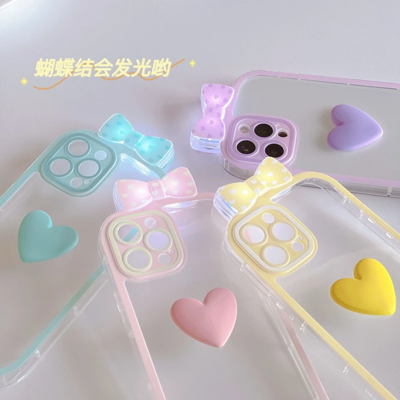 

Korea Cute Glowing Bow Colorful Love Heart 3D Transparent Phone Case For iPhone 11 12 13 Pro Xs Max Xr X Soft Silicone Cover