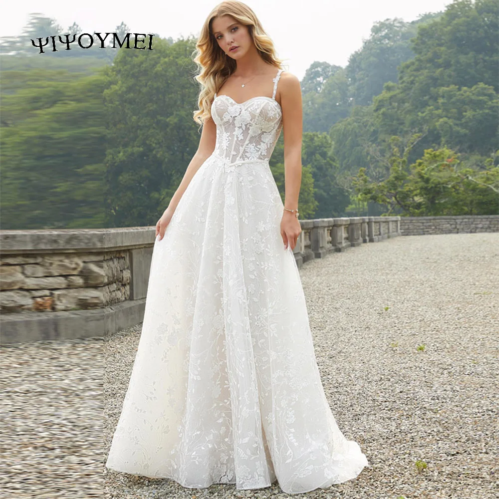 

Sweetheart Spaghetti Strap Boho Wedding Dresses Elegant Lace Floarl Print Bridal Gowns A-Line Sweep Train Vestido De Novia