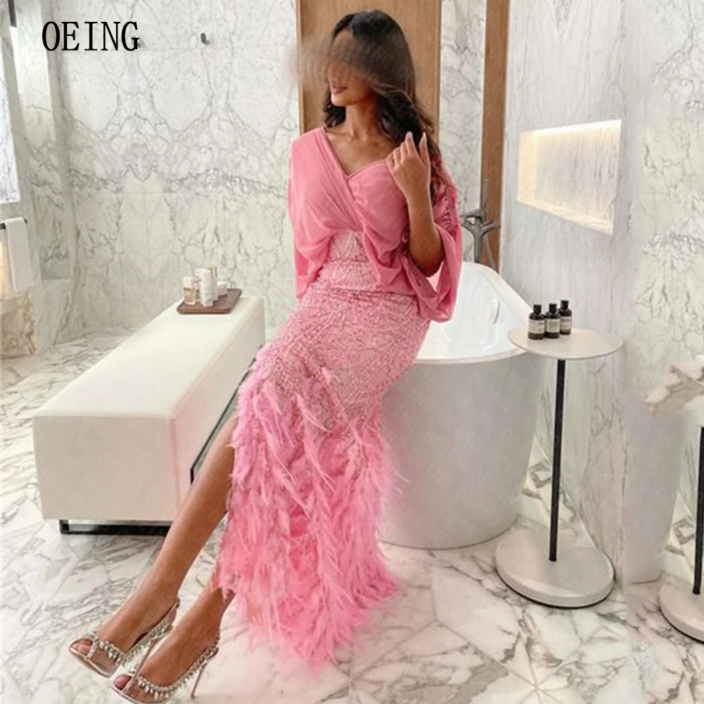 

OEING A-line Pink V-neck Feathers Side Slit Beadings Short Sleeves Celebrity Prom Gown Elegant 2023 Formal Evening Party Dresses