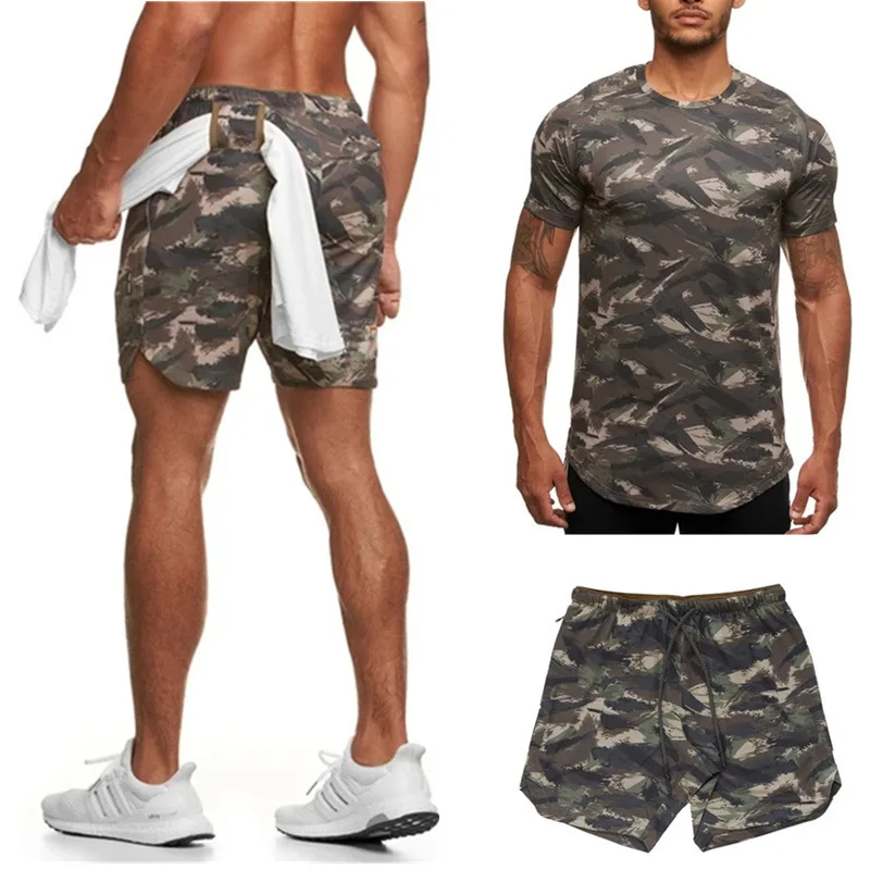 

2022 new men's summer short-sleeved suit sportswear quick-drying breathable two-piece fitness leisure camouflage thin section co