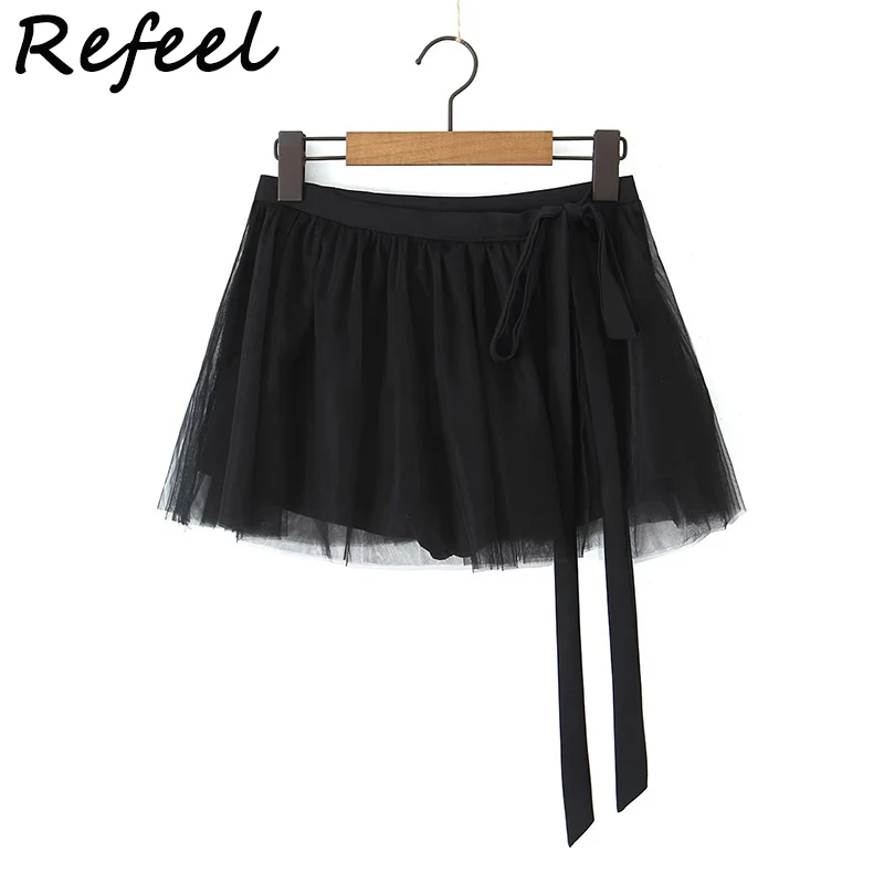 

Summer Mini Skirt Black Lining Pleated Straps Spliced Mesh Ruched Ball Bud Underwear Skater Short High Waist Female Mujer