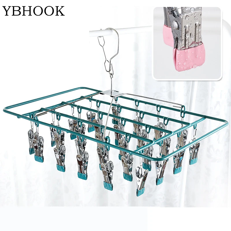 

Ybhook 18/28clips Clothes Dryer Hanger Stainless Steel Sock Underwear Windproof Drying Rack Portable Wardrobe Organizer Hanger