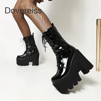 dovereiss 2022 fashion womens shoes pure color white zipper elegant ankle boots cross tied waterproof chunky heels 41 42 43 44