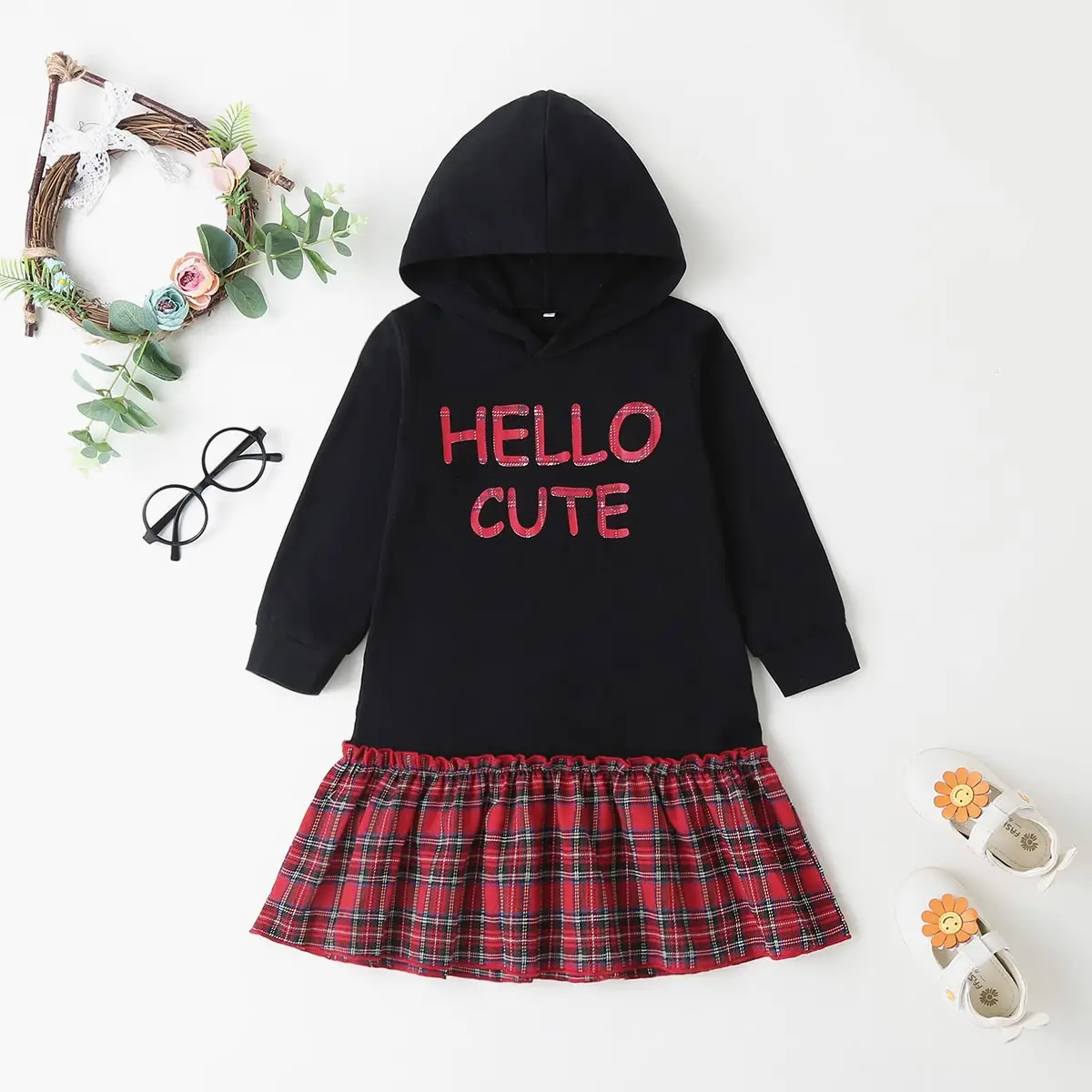 

Wholesale Spring and Autumn Children's Little Girls Dress Hooded Sweater & Plaid Skirt Fashion Casual New Comfortable Fabric
