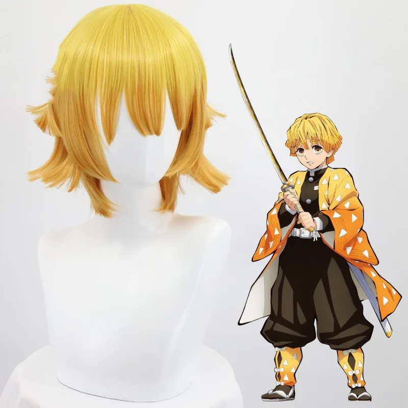 Anime Demon Slayer Agatsuma Zenitsu Cosplay Wig Gold Gradient Orange Short With Bangs Halloween Heat Resistant Synthetic Wig