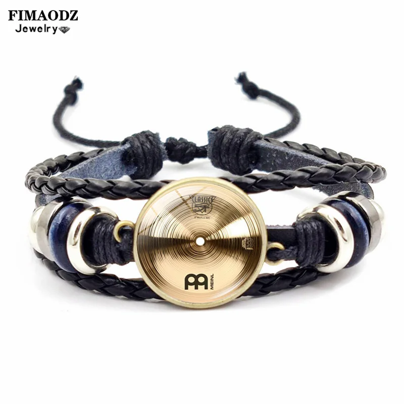 

Retro Drummer Cymbals Bracelet for Men Women DJ Vinyl Record Gramophone Pattern Glass Button Leather Bracelets Bangle