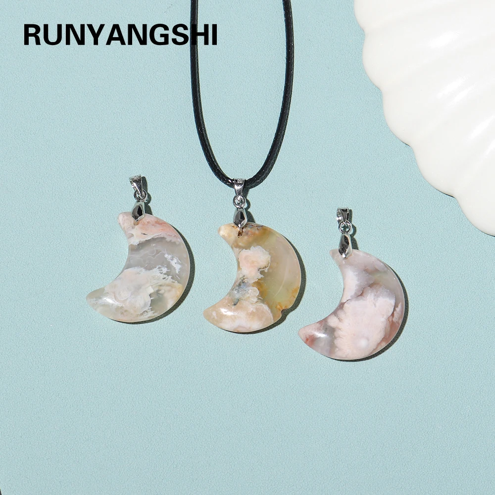 1pc Natural Flower Agate Moon Pendant Sakura Crystal Crescent Gem Necklace Therapeutic Energy Crystals Decoration - - Цена: 332.63
