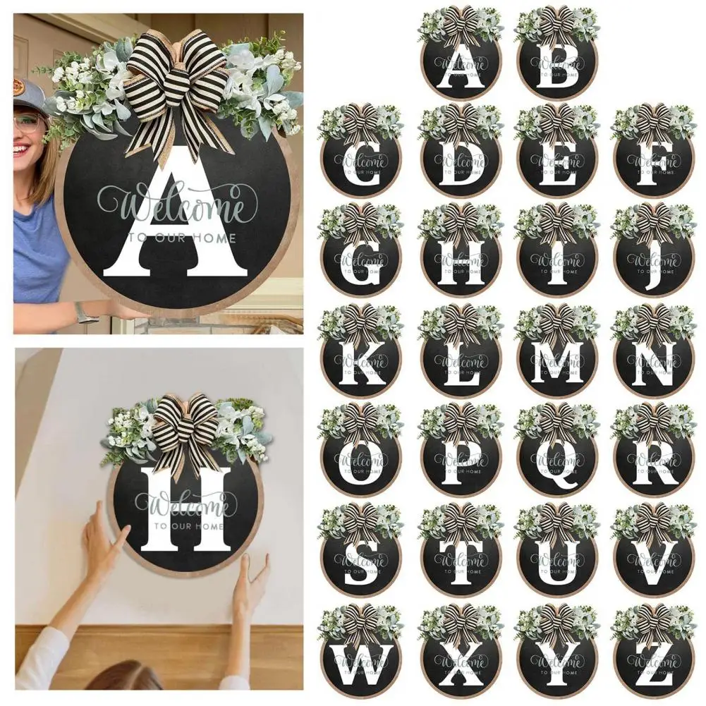 

Front Door Wreath A-Z 26 Letters Round Sign With Bow Fake Flower Decoration Rural Style Letter Wood Hanging Sign Home Decor