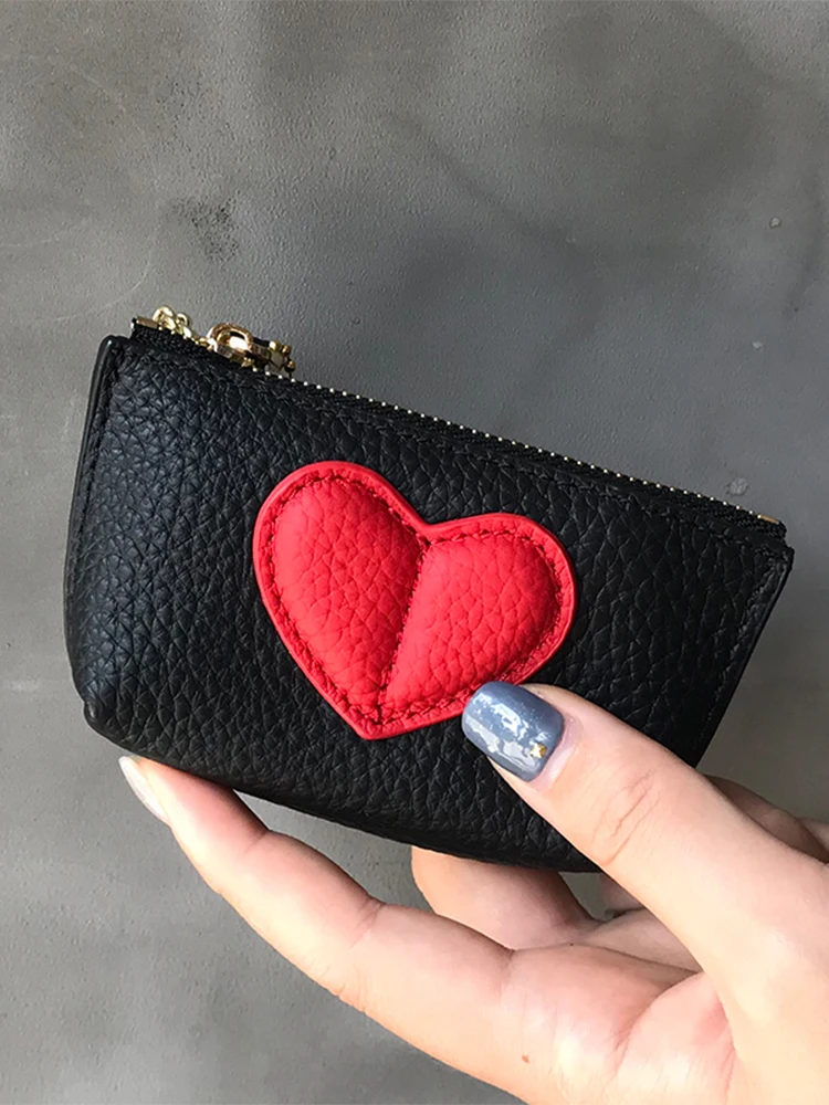 Ladies Wallet Luxury Design Card Holder Soft Solid Mini Coin Purse Genuine Leather 2023 Summer New Heart Zip Card Holder Small
