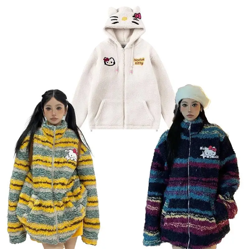 

Cute Cartoon Hellokittys Anime Kawaii Lambskin Zipper Jacket Winter Plus Velvet Loose Hooded Cardigan Cotton Coat for Girls