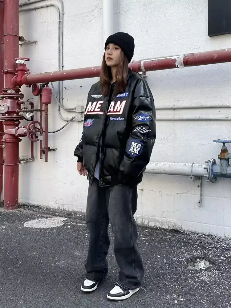 Street Hip Hop Winter Coat Women'S Leather Clothes Harajuku Letters Print Loose Skateboard Fashion Button Jacket Warm