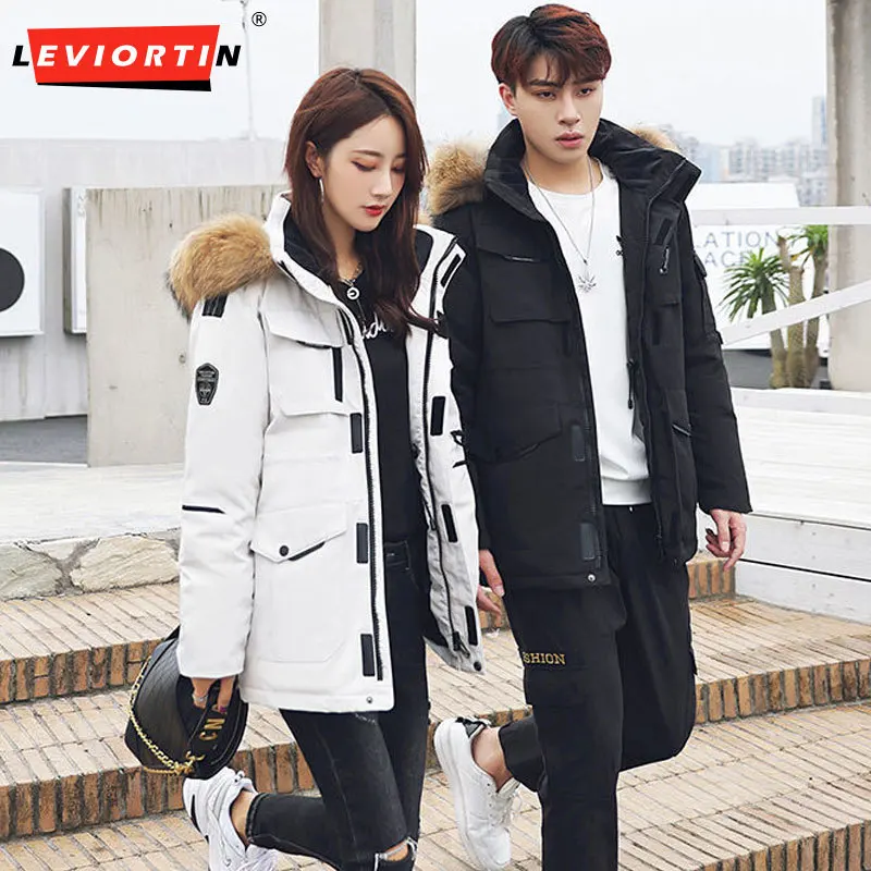 Men & Women Thicken Down Jacket With Big Fur Collar Warm Parka -30 Degrees Couple Casual Waterproof Down Winter Coat Size 3XL