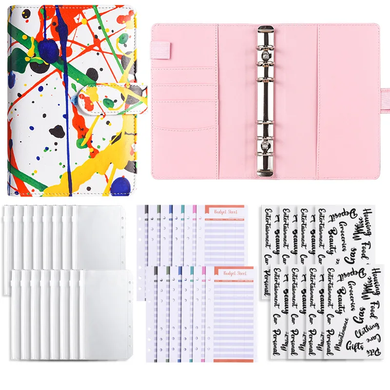 

A6 Notebook Binder Leather PU index sticker Creative Color Print Hand Ledger Cash Budget Binder Office stationery Set