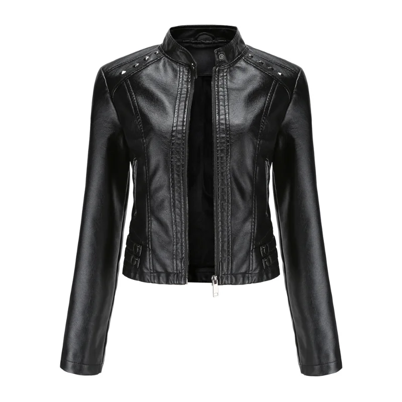 New Rivet Leather Leather Women's Long Sleeved Stand Up Collar Fashion Jacket