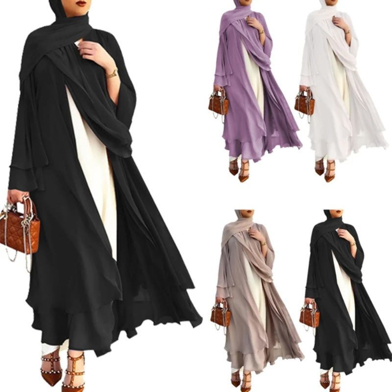 

M89E Muslim Long Sleeve Flowy Maxi Cardigan Islamic Open Front Kimono Belt Abaya Robe