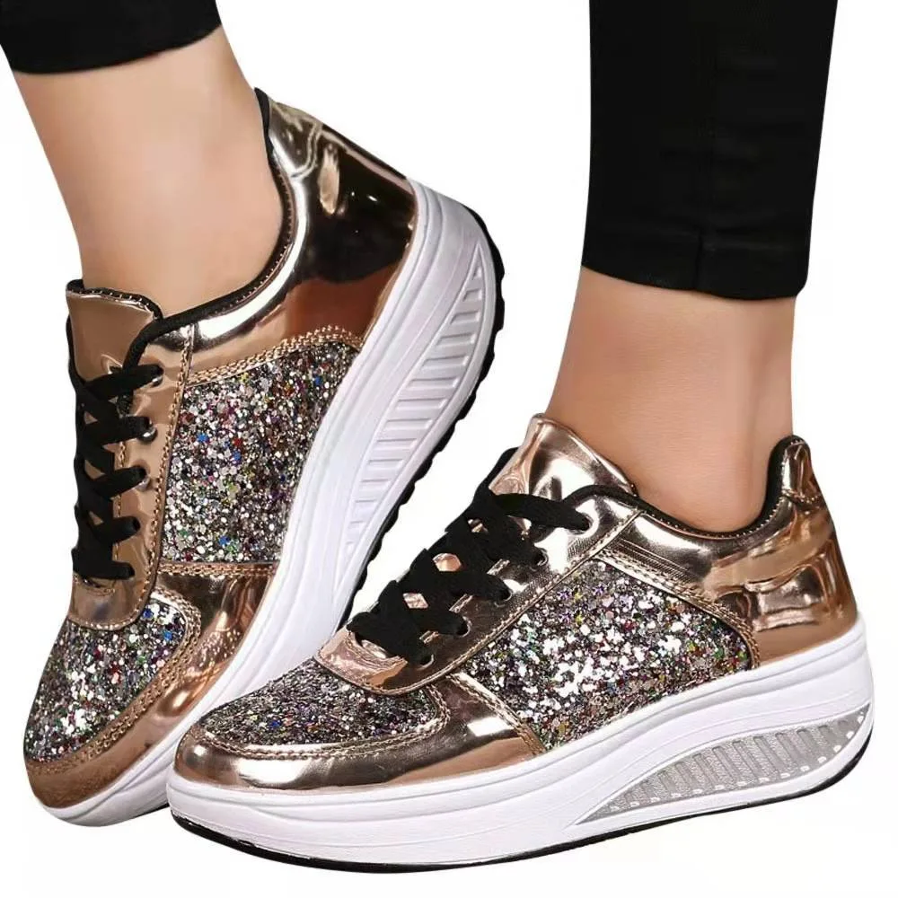 

Shoes for Women Fashion Versatile Bling Shoes Plus Size Lace-up Running Shoes Wedges Platform Sneakers Zapatos De Mujer 2023