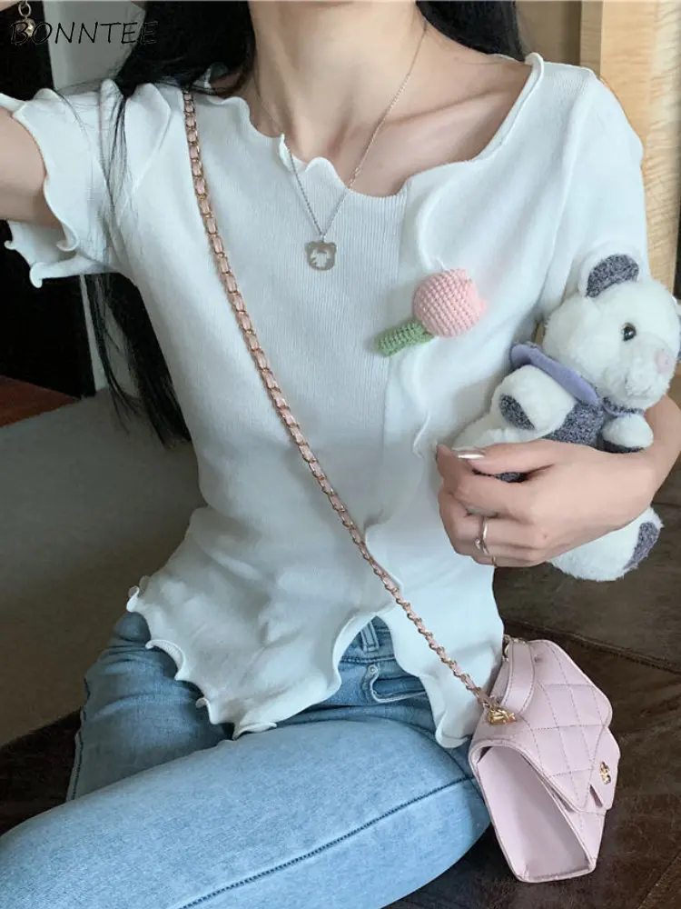 

Knitted T-shirts for Women Patchwork Short-sleeve Summer Slim Fit Girlish All-match Casual Korean Style Fashion Classic Young