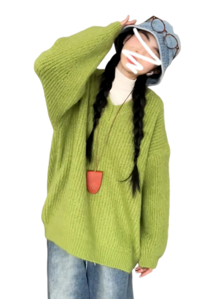 2024 новая корейская серия зеленый свободный вязаный свитер с v-образным вырезом