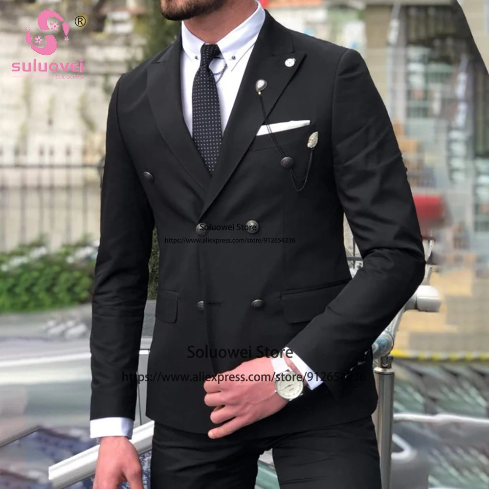 

Fashion Double Breasted Tuxedo For Groom Wedding 2 Piece Jacket And Pants Set Male Business Blazer Formal Peaked Lapel Men Suits