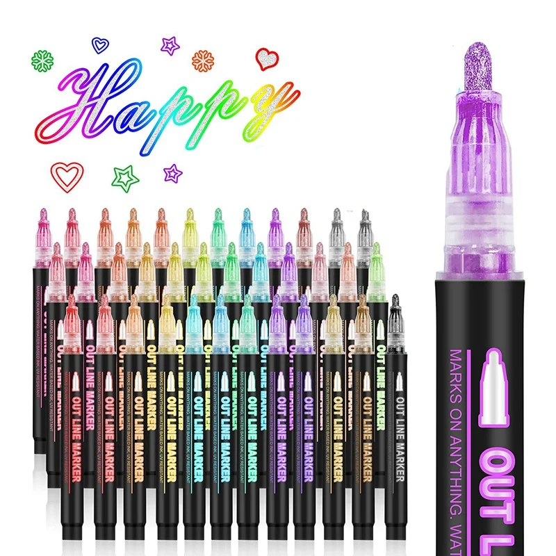 Double Line Outline Markers, 36 Colors Super Squiggles Shimmer Outline Marker Pen Set, Self Outline Metallic Markers