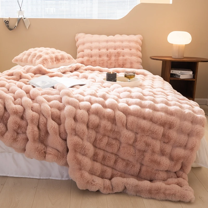 Fuzzy Plush With Reversible Mink Blanket For Sofa Bed Home D