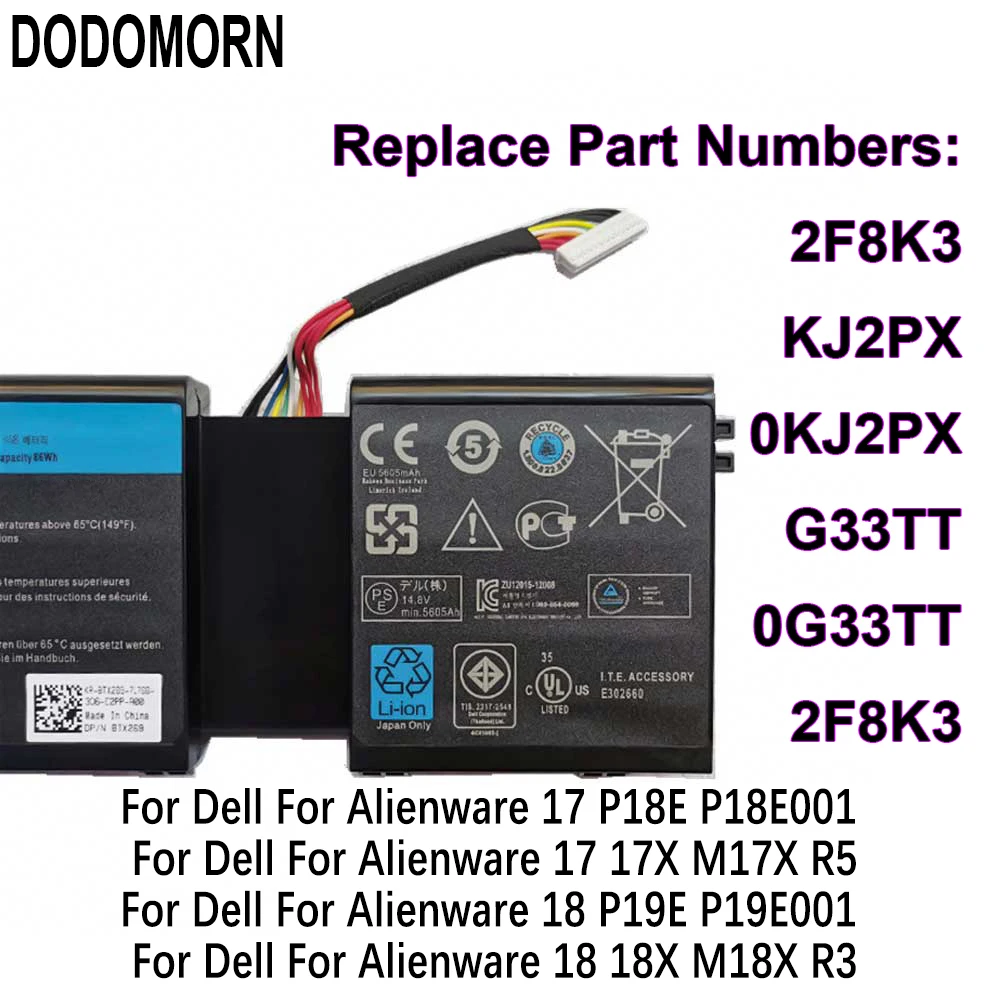 Новый аккумулятор DODOMORN 2F8K3 для Dell 17 17X 18 18X M18X M17X ALW18D-1788 0KJ2PX 14 8 В 86 Втч