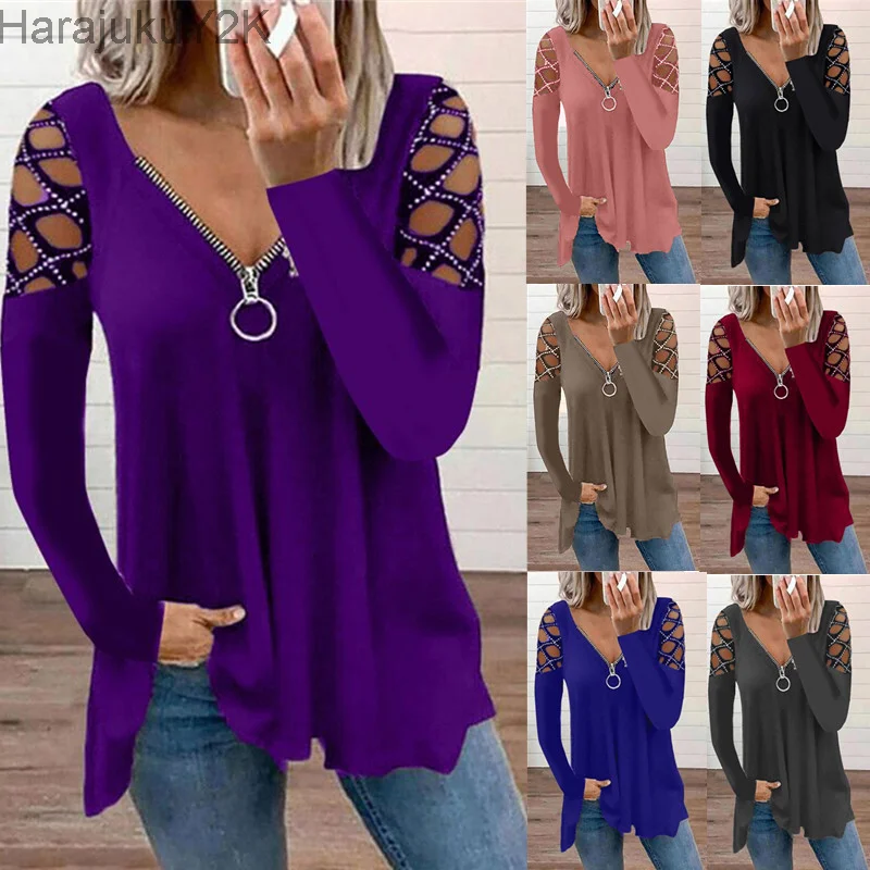 

2021 Autumn Winter Hot Drilling Zipper V Neck Long Sleeve T-shirt Women Sexy Casual Loose Fashion Hollow Out Retro Shirt Top 5XL
