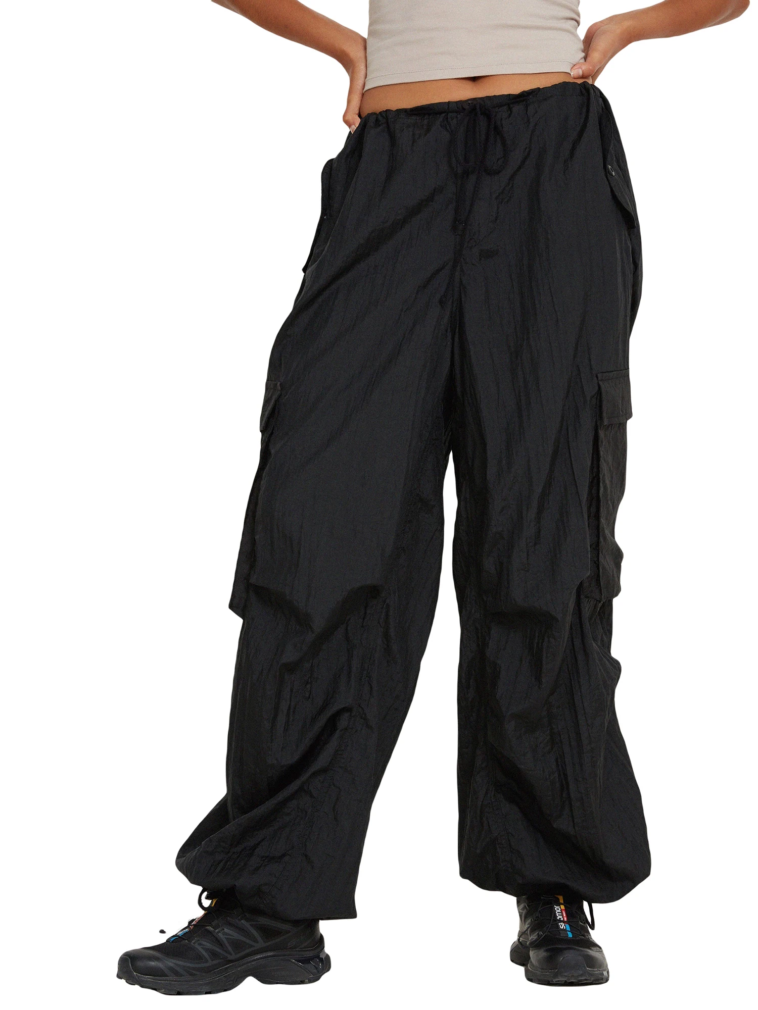 

Booraho Women Baggy Cargo Pants Solid Low Waist Drawstring Trousers Casual Loose Fit Hip Hop Pants Vintage Streetwear Pants