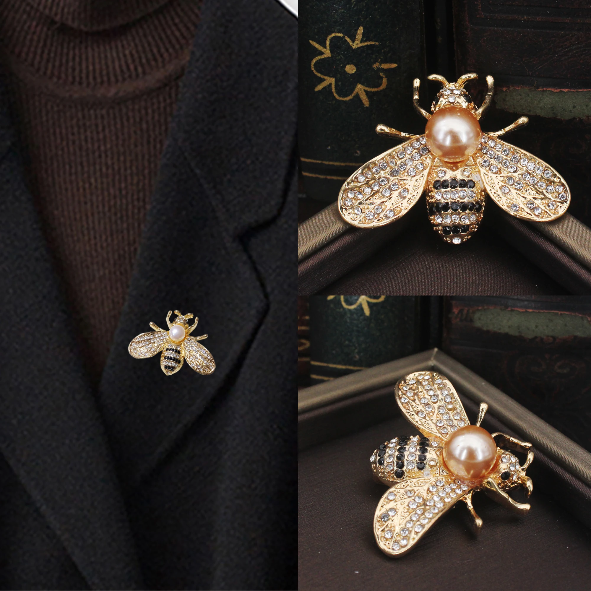 

Cute Bee Rhinestone Brooch Women Crystal Insect Breast Pin Champagne Color Corsage Ladies Party Dress Ornaments New Jewelry