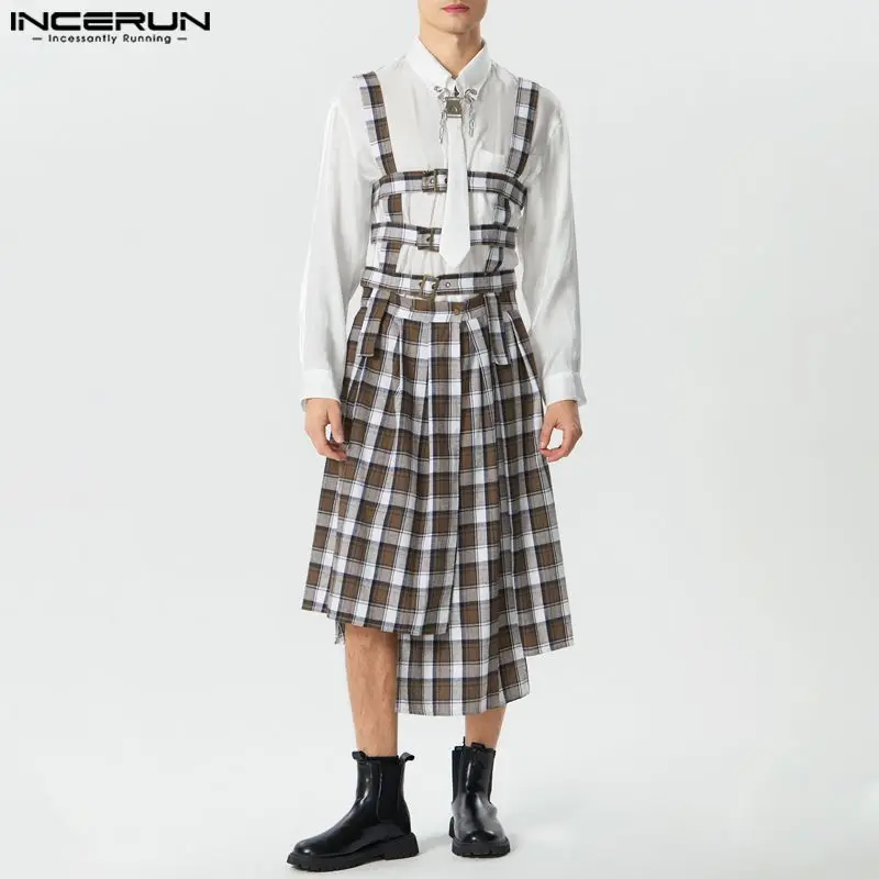 

2023 Men Irregular Skirts Jumpsuits Plaid Pleated Hollow Out Personality Male Rompers Streetwear Fashion Casual Skirts INCERUN