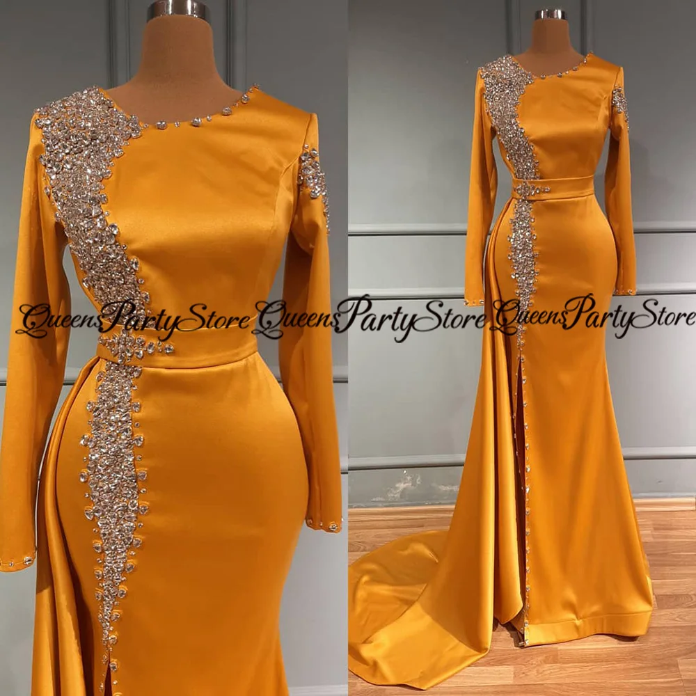 

Gold Mermaid Prom Dress O Neck Long Sleeves Luxury Beading Rhinestones Side Slit Sweep Train Satin Party Gown Evening Dresses