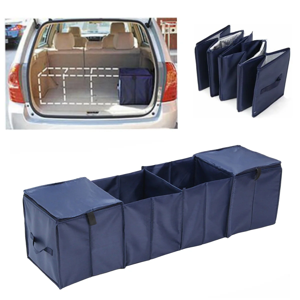 

Auto Trunk Storage Box Container Big Capacity Foldable Expandable Cargo Trunk Organizer 4 Grids Bin (Navy)