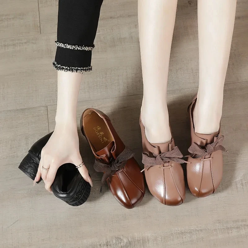 

Feerldi Lace Up Women Genuine Leather Pumps Soft Sole Ethinc Style Women's Leather Fold Up Spring Flats Ladies Shoes