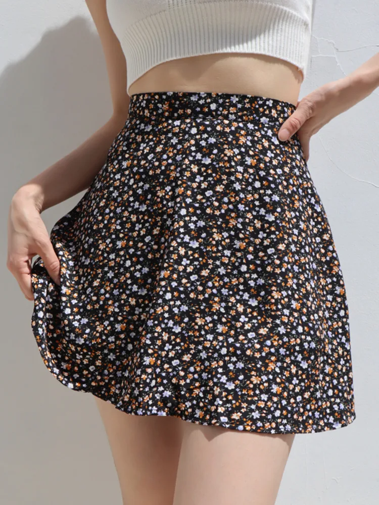 

WOMEGAGA Summer New European Fashion Casual Style Black Floral Sexy High Waist Mini Skirt Retro Slim Folds Trend Women 8I0Y