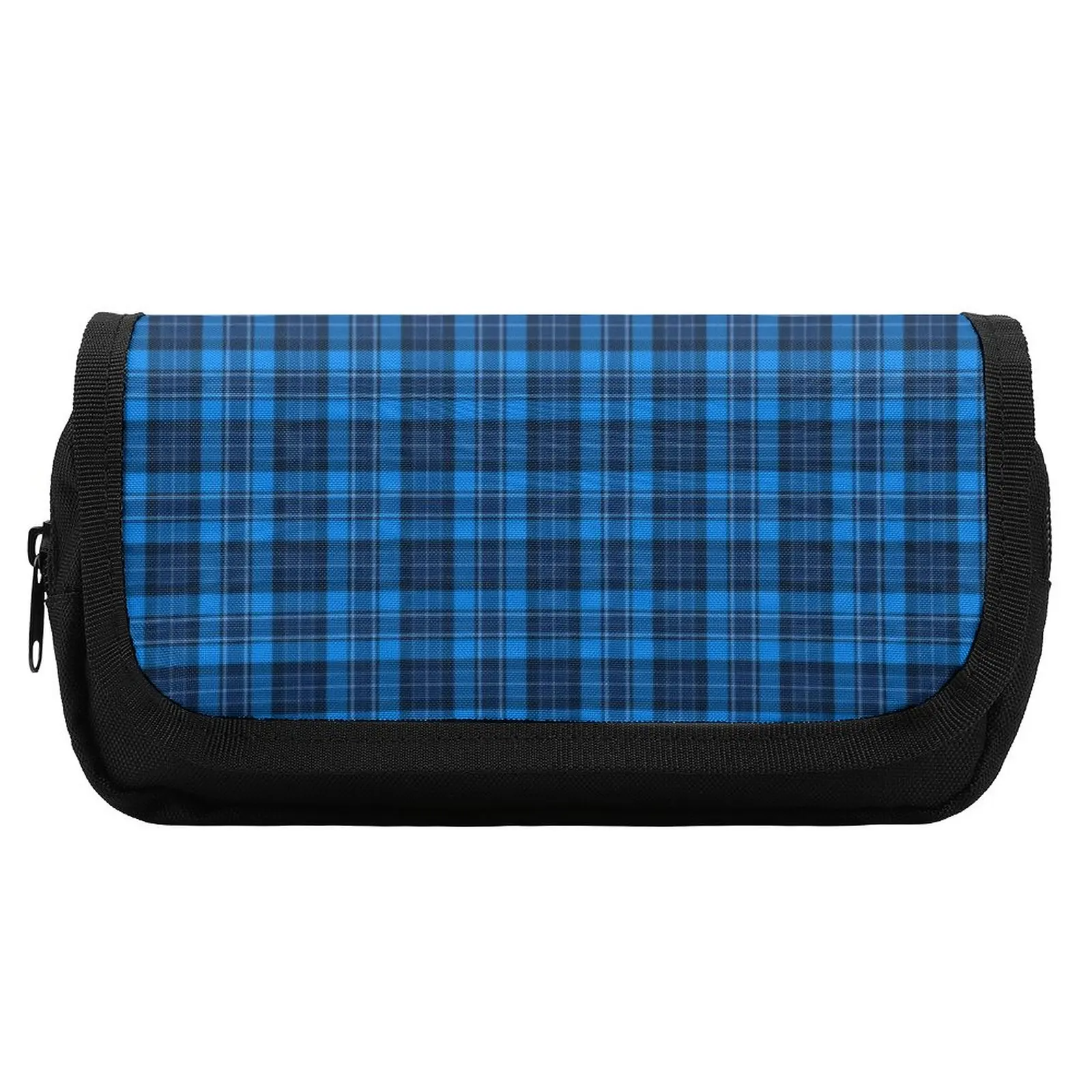 Blue Tartan Plaid Pencil Case Vintage Print Boy Girl Double Pockets Pencil Box Vintage Hook and Loop Pen Organizer