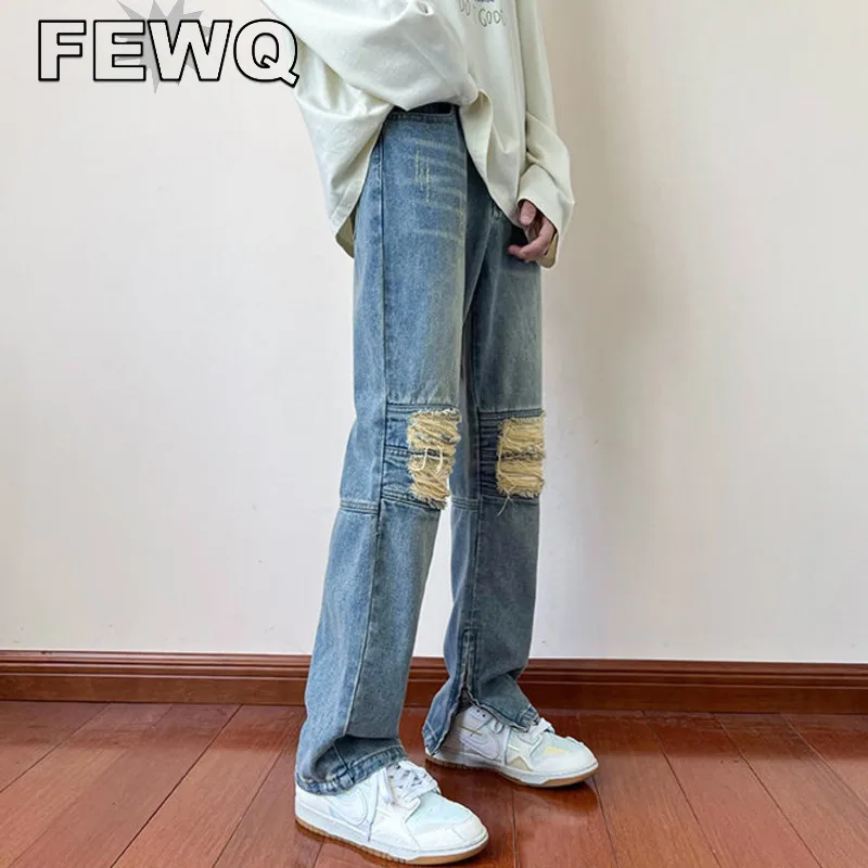 

FEWQ 2022 Autumn New Men's Causal Jeans Fashion Streetwear Hole Personalized High Street Solid Color Trousers Male Pants 24B355
