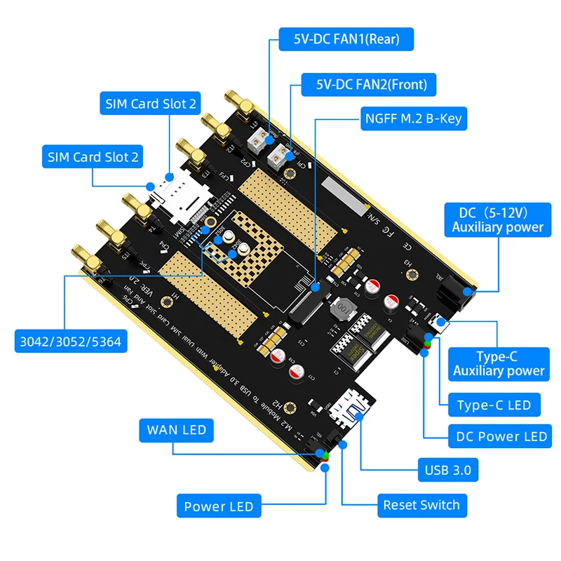 НОВЫЙ модуль M.2 NGFF B Key 4G/5G к адаптеру USB 3.0 двойной кулер вентилятор два слота для