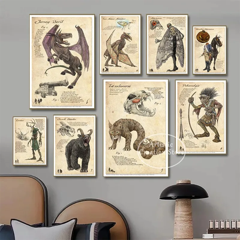 Фольклорный плакат Cthulhu Mothman Krampus Джерси Дьявол Вендиго натуральная Печать на холсте настенная живопись Домашний декор