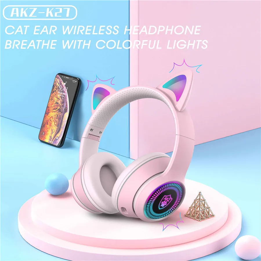 

Cute Cat Ear Headset LED Wireless Bluetooth-Compatible Headphones with Mic Glowing Earphones for Children Gifts Daughters Girls