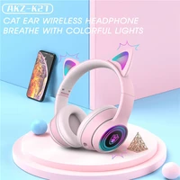 cute cat ear headset led wireless bluetooth compatible headphones with mic glowing earphones for children gifts daughters girls