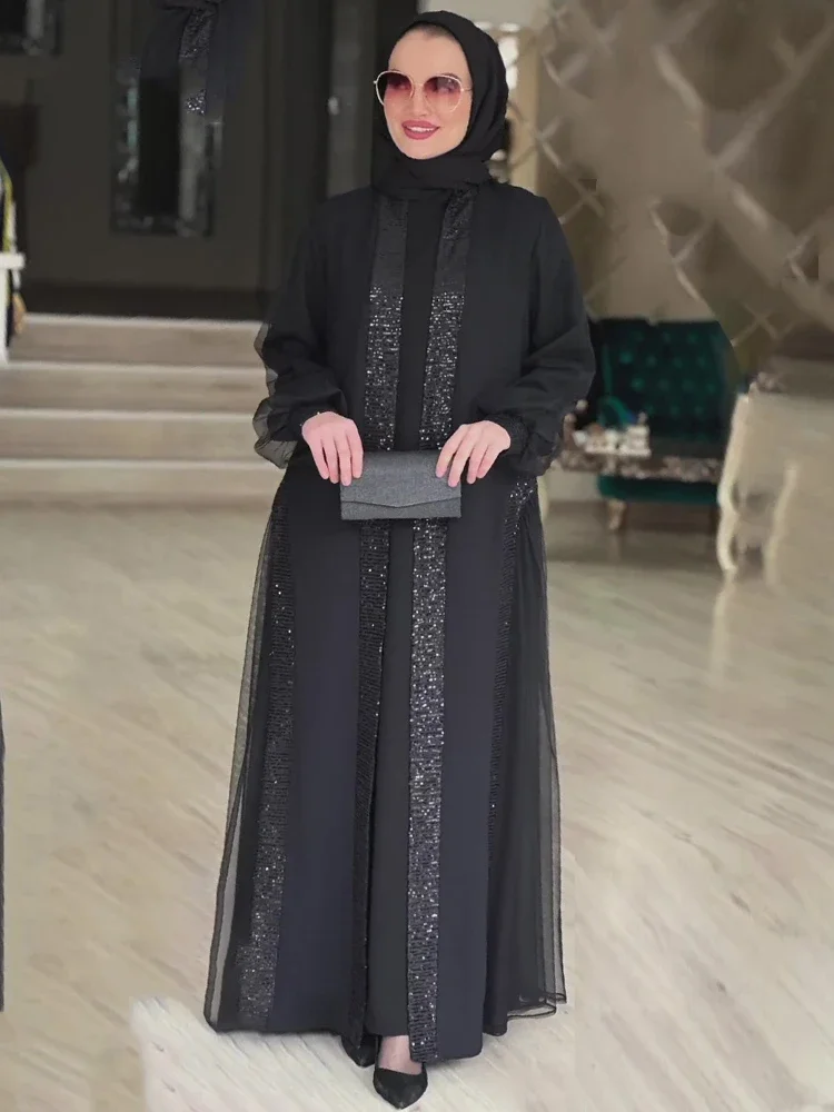 Фото Мусульманское скромное женское платье Jalabiya Vestidos Eid Рамадан арабский длинный халат Дубай мусульманский марокканский кафтан Abayas кардиган платья 2024 №1
