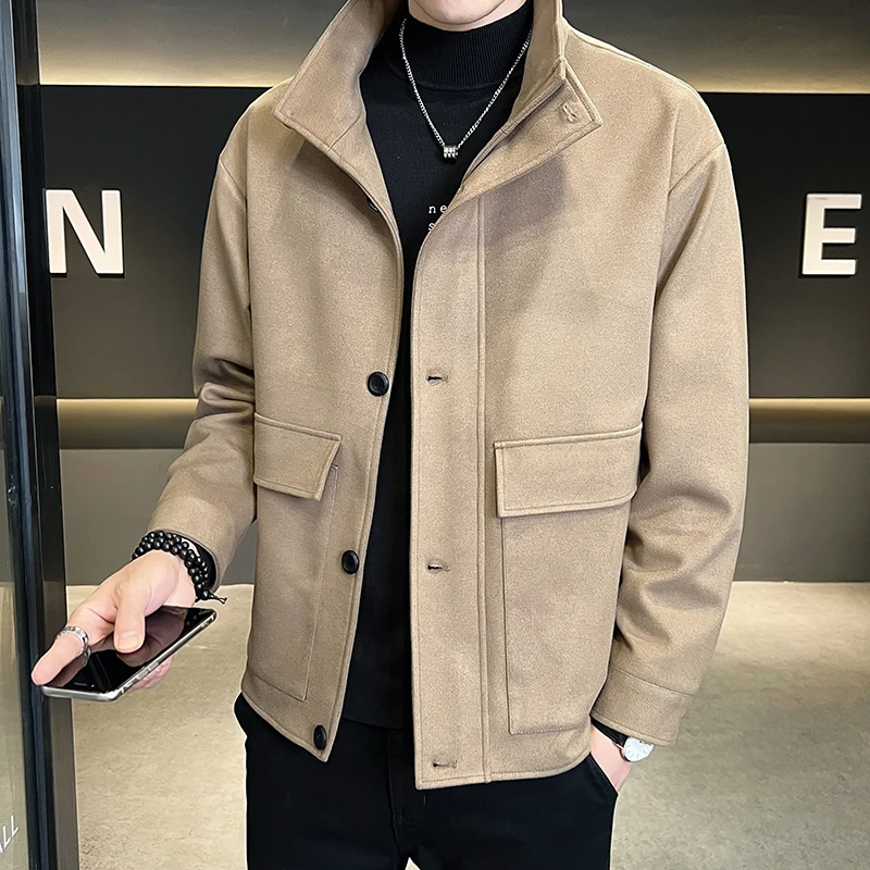 

2022 Autumn Winter Men's Wool Blends Jacket Stand Collar Overcoat Casual Business Social Trench Windbreaker Chaquetas Hombre