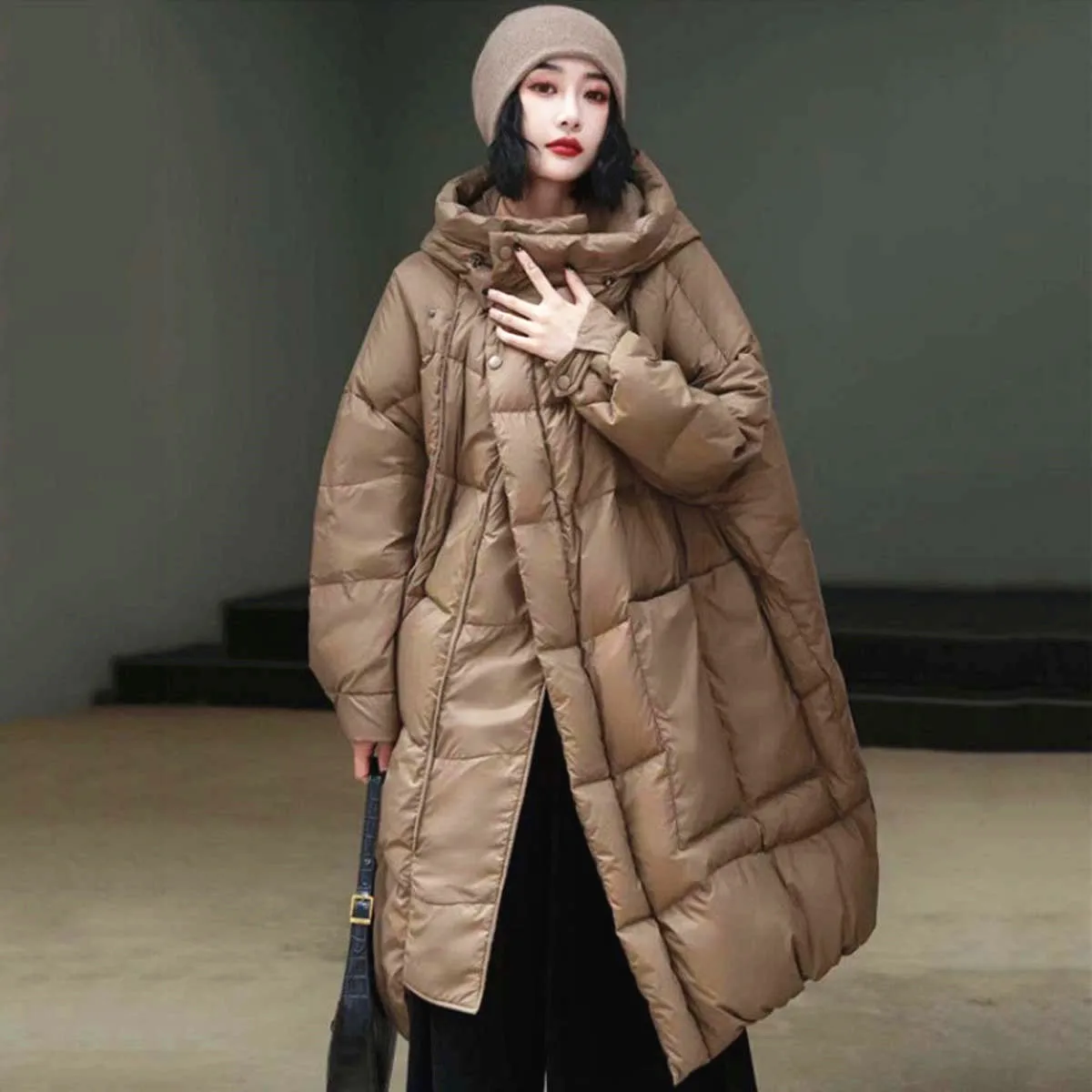 

Женский пуховик средней длины, свободная теплая куртка средней длины с капюшоном в Корейском стиле, 2023