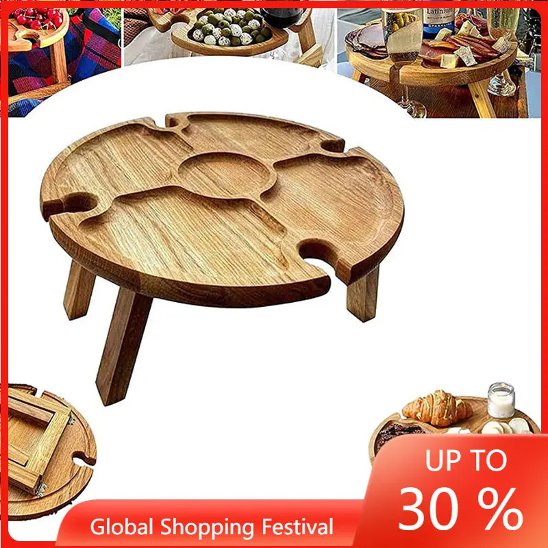 

Деревянный уличный складной стол для пикника со стеклянным держателем, Круглый складной стол, стойка для бокалов для вина, складной стол дл...