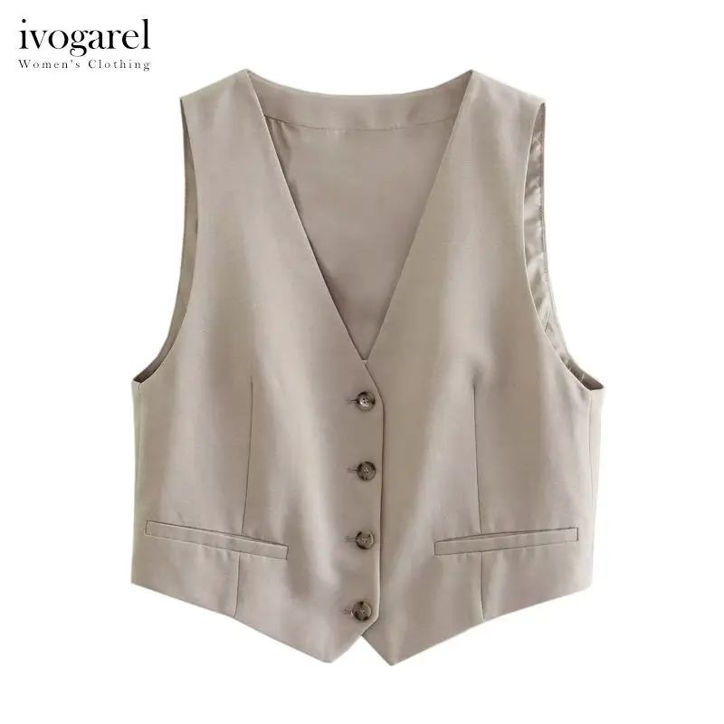 

Ivogarel Sleeveless Linen Blend Waistcoat Women's Summer Classic Vest with V-Neck False Welt Pockets Button-Up Front Traff 2023