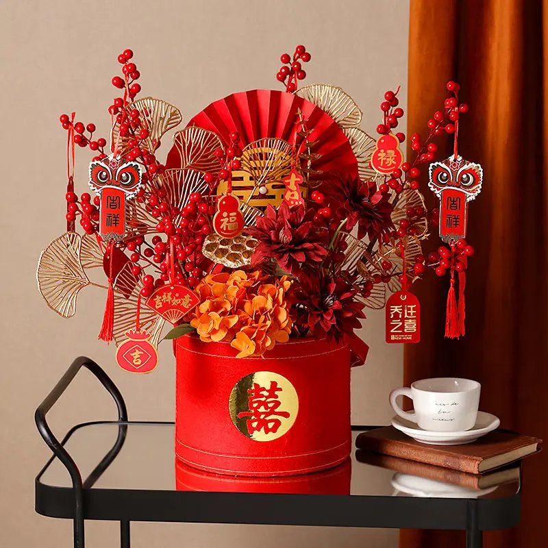 

Китайская Красная Фортуна, красная шелковая ткань, ваза Futong, набор искусственных цветов, Новогоднее украшение, украшения для дома, гостиной