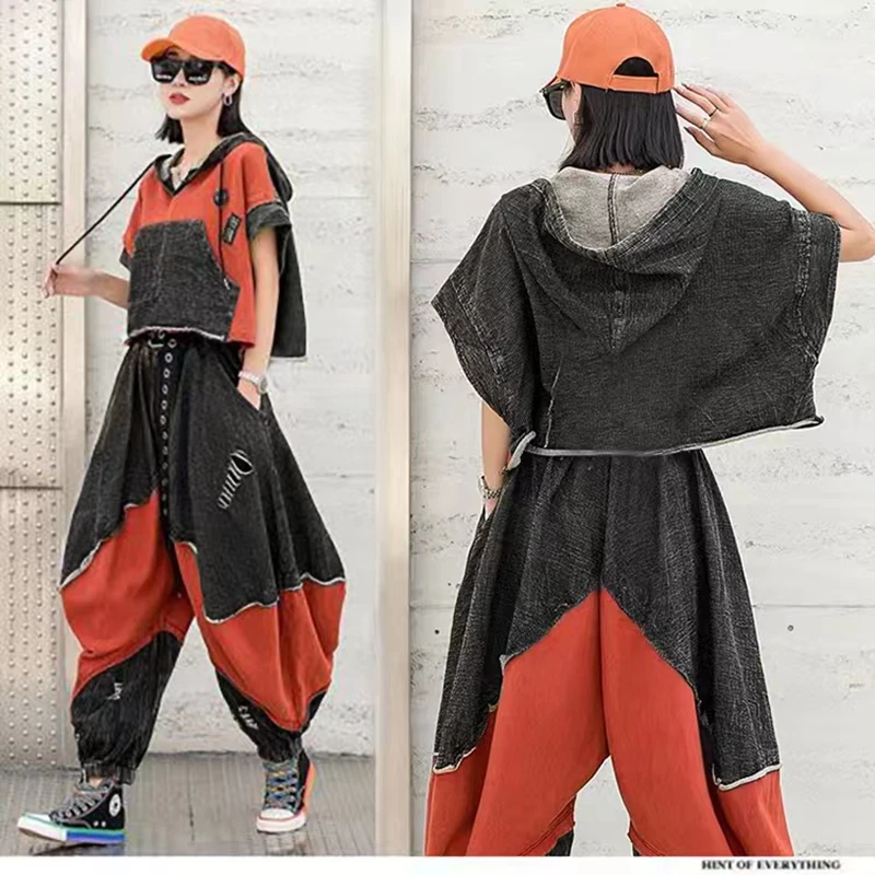Oversized Summer  Sets Women Casual Two Pieces Short Sleeve T Shirts hooded and High Waist Baggy Pants Outfits Tracksuit XC190 images - 6