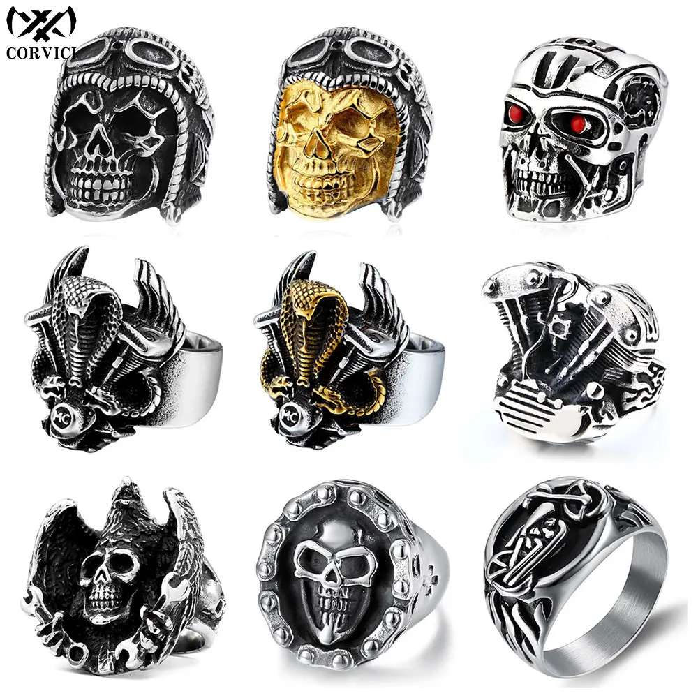 

CORVICI Brand Engine Skull Punk Vintage Gothic Aesthetic Retro Stainless Steel Biker Accessories Jewelry Rings for Women Men